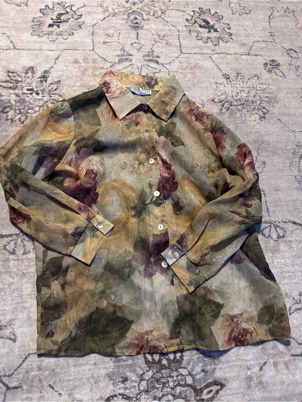 Women's Sheer Floral Button-Up Blouse in Olive Green and Burgundy